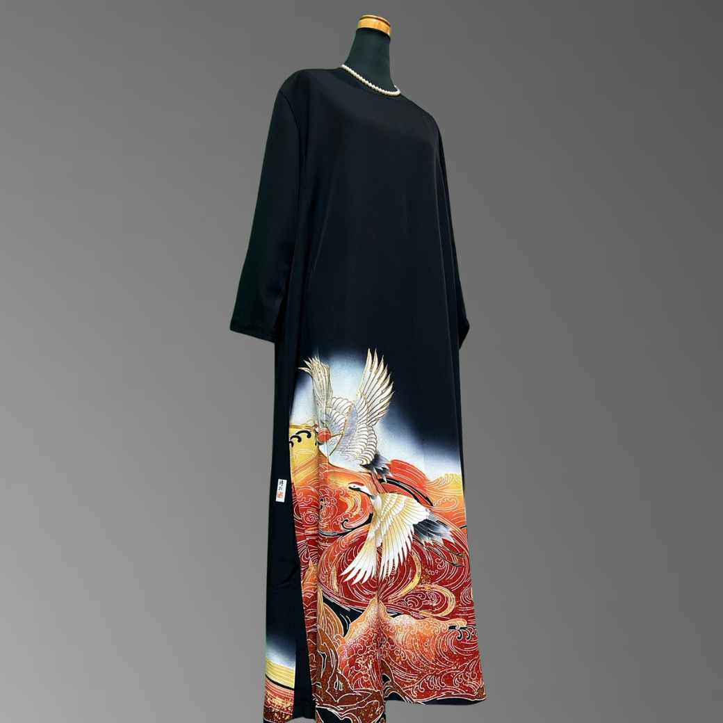 Black Ro Furisode Artisanal Crane and Ripple Pattern Kimono Dress