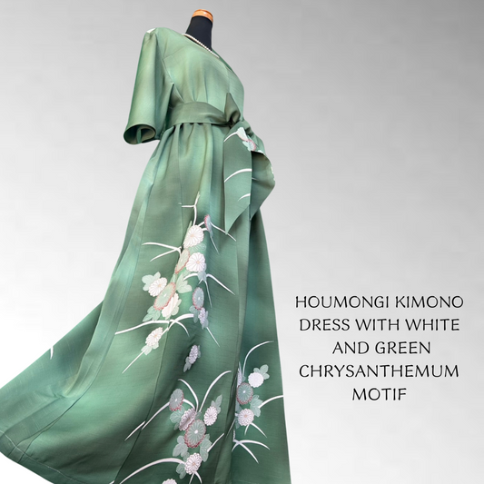 Houmongi Kimono Dress with White and Green Chrysanthemum Motif