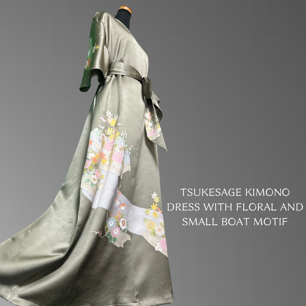 Tsukesage Kimono Dress with Floral and Small Boat Motif