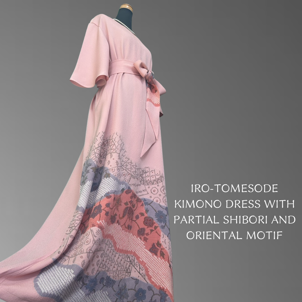 Iro-tomesode Kimono Dress with Partial Shibori and Oriental Motif