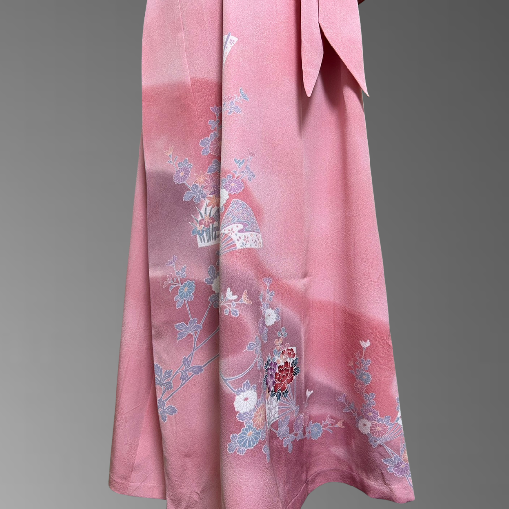 Geometric Flower Pattern Fan with Peonies and Chrysanthemums Kimono Dress