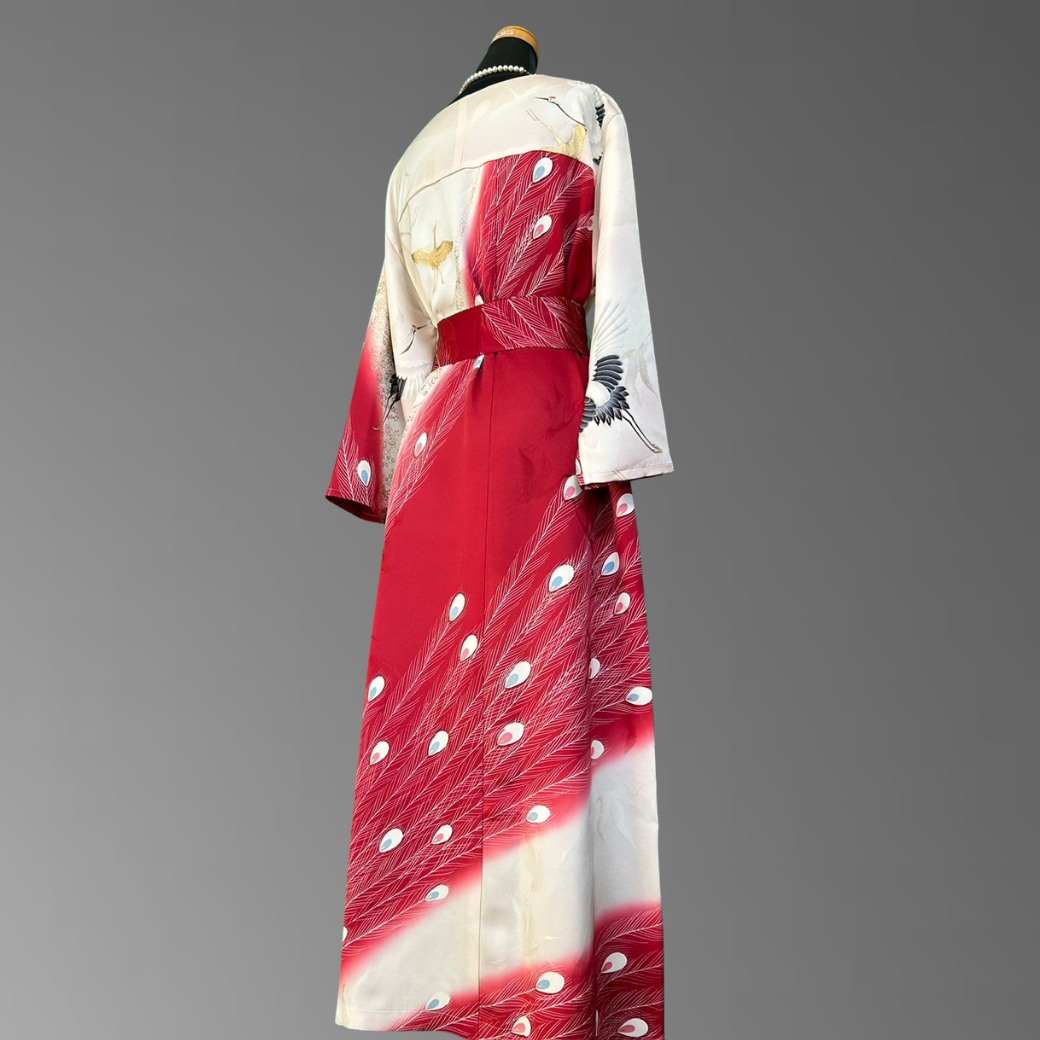 Furisode Crane and Peacock Feather Pattern Kimono Dress