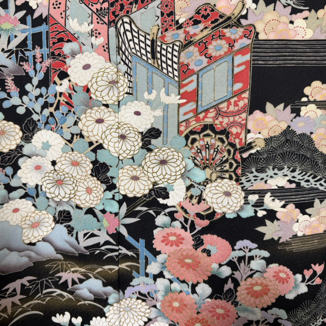 黒留袖 御所車と平安絵巻 着物ワンピース