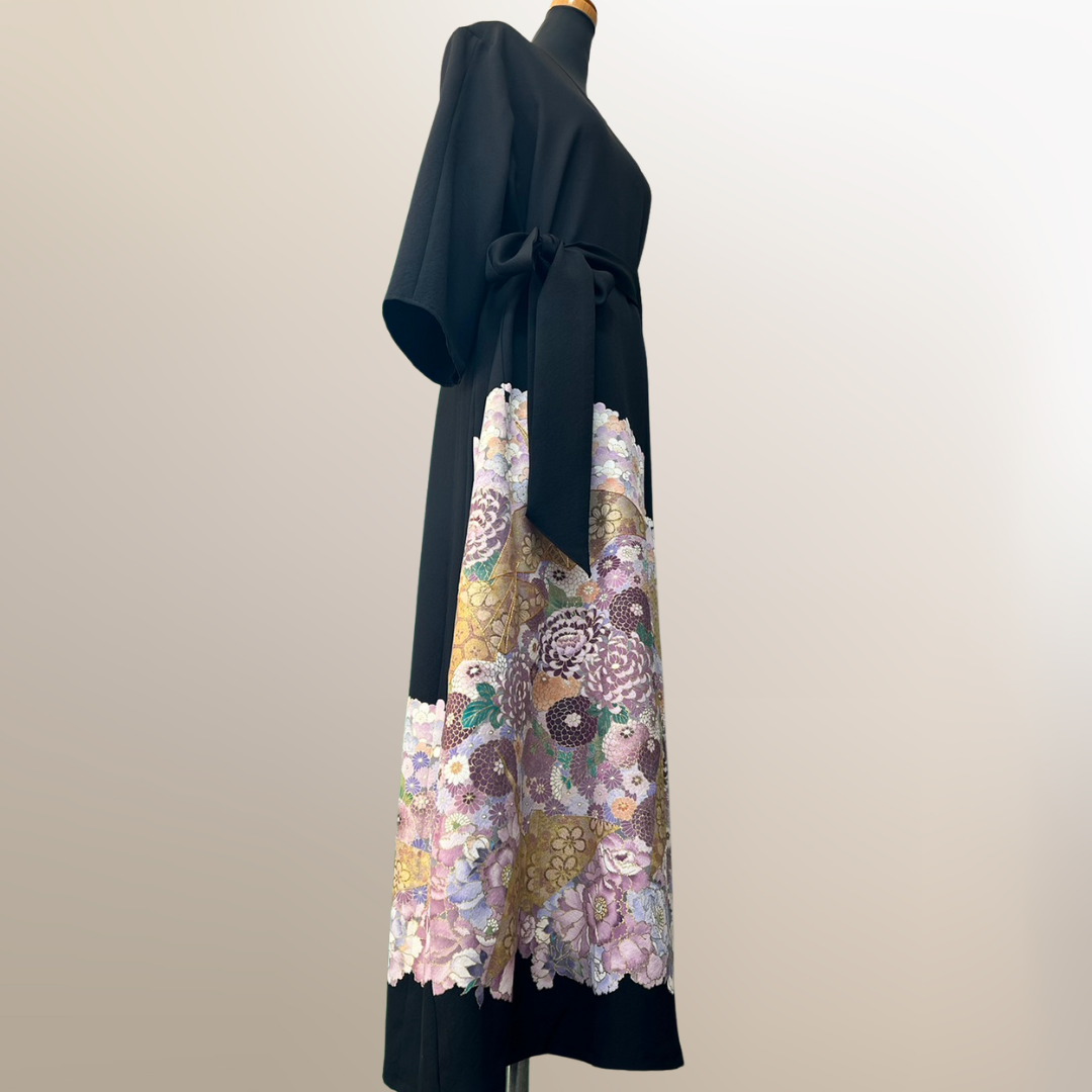 Kimono dress with origami crane and chrysanthemum pattern