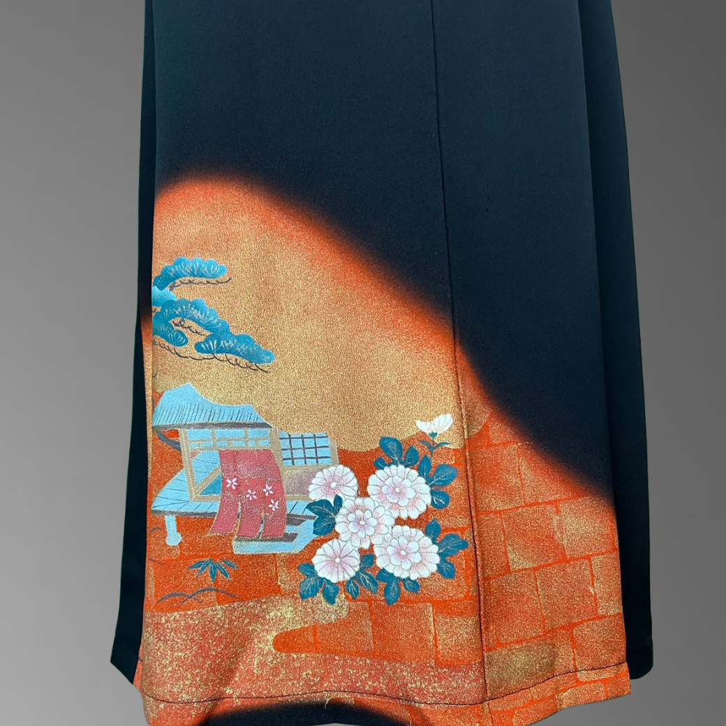 Kurotomesode Hioogi Pine and Chrysanthemum Pattern Kimono Dress