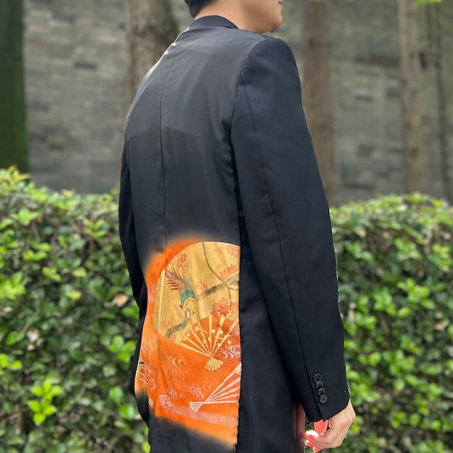 Kimono jacket with fan and long-tailed bird pattern