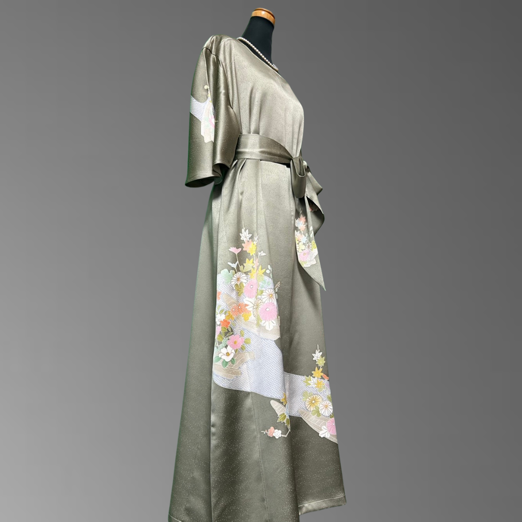 Tsukesage Kimono Dress with Floral and Small Boat Motif