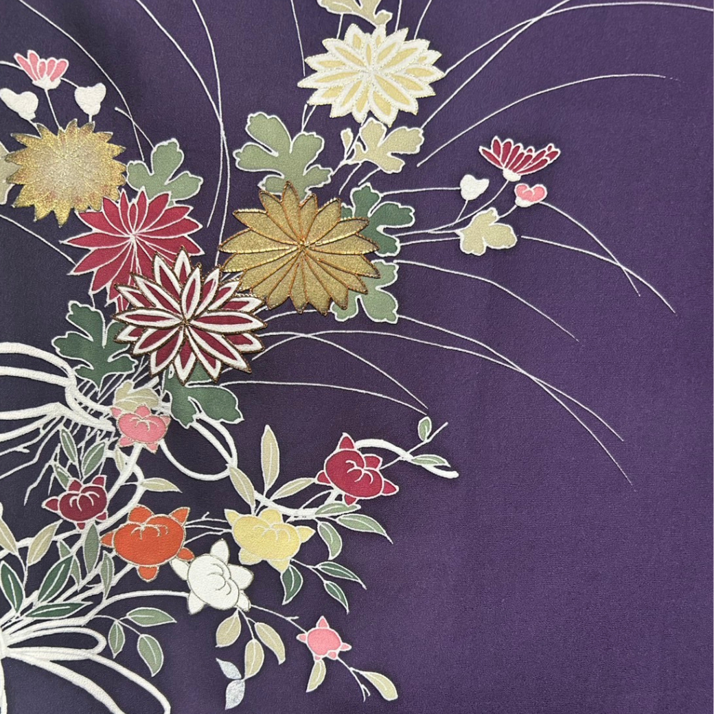 Houmongi Kimono Dress – Bellflowers & Chrysanthemum Bouquet