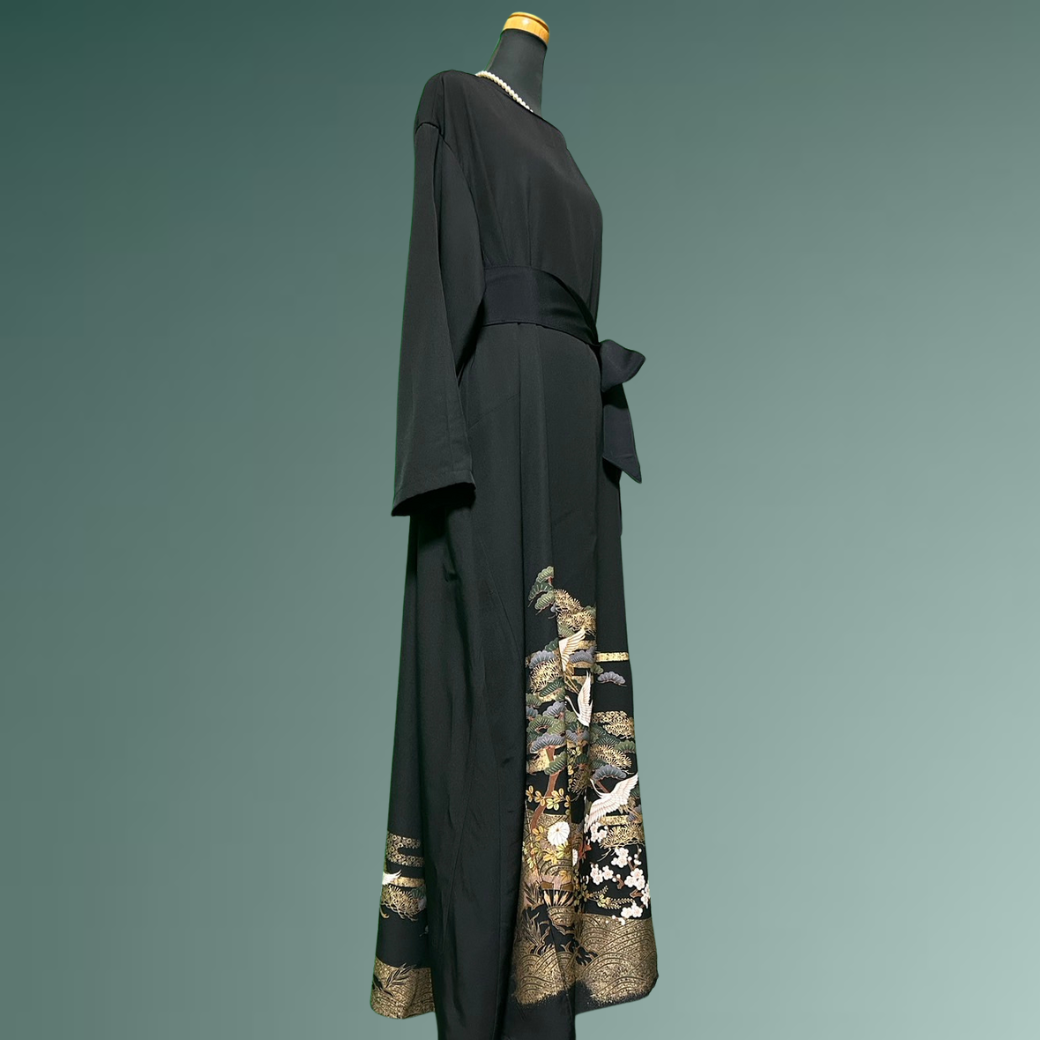 Black Ro Furisode Soaring Cranes and Pine, Bamboo, and Plum Kimono Dress