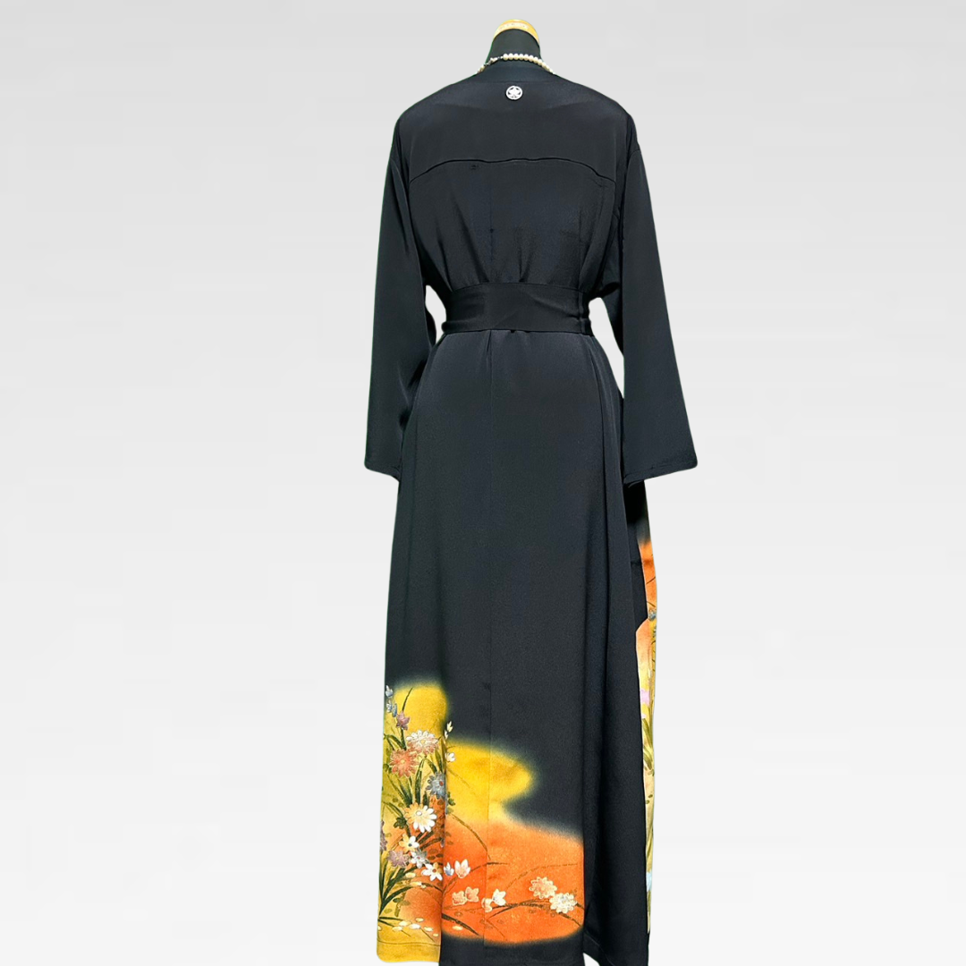 Black Ro Furisode Peacock Embroidery and Autumn Flowers Kimono Dress