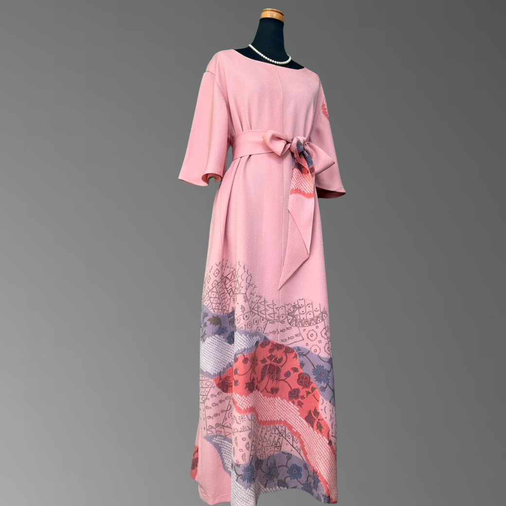 Iro-tomesode Kimono Dress with Partial Shibori and Oriental Motif