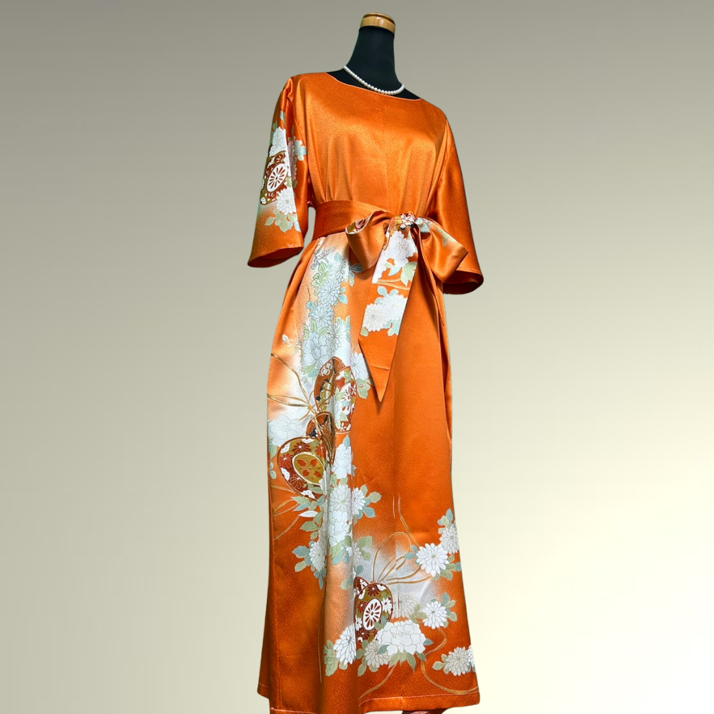 Furisode Kimono Dress with Embroidered Drum and Peony Motifs