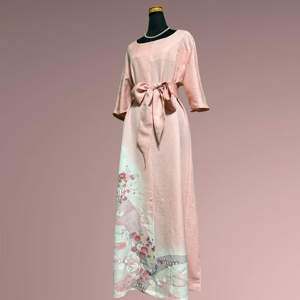 Tsukesage Kimono Dress with Dancing Fans and Flowing Water Pattern