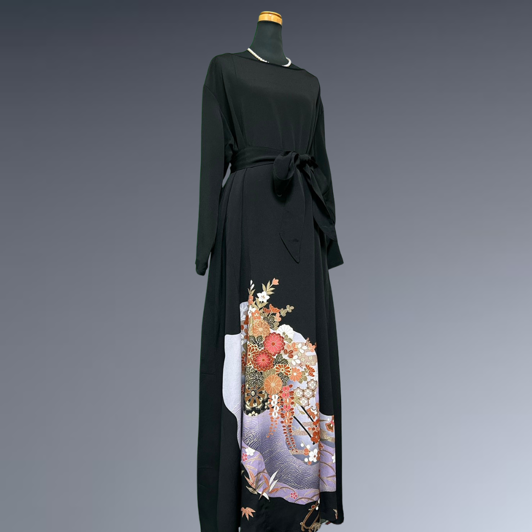 Black Ro Furisode Ripple Pattern and Flower Cart Kimono Dress