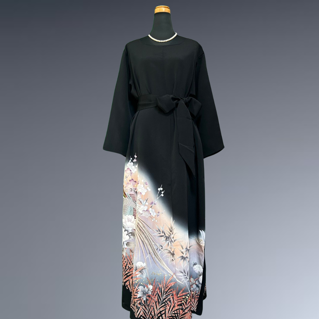 Black Ro Furisode Long-tailed Bird, Peony, and Plum Blossom Kimono Dress