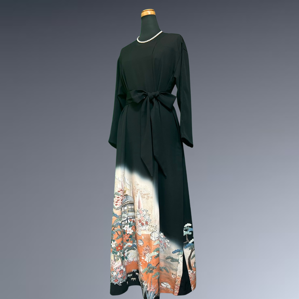 Black Ro Furisode Artisanal Silver Pavilion with Flowers Kimono Dress