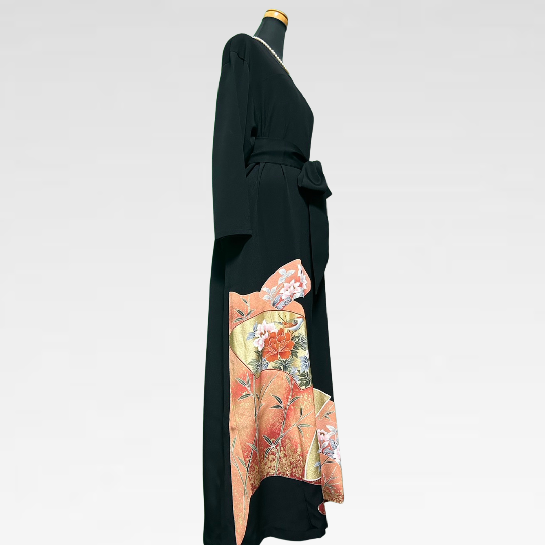 Black Ro Furisode Fan with Flowers and Birds Kimono Dress