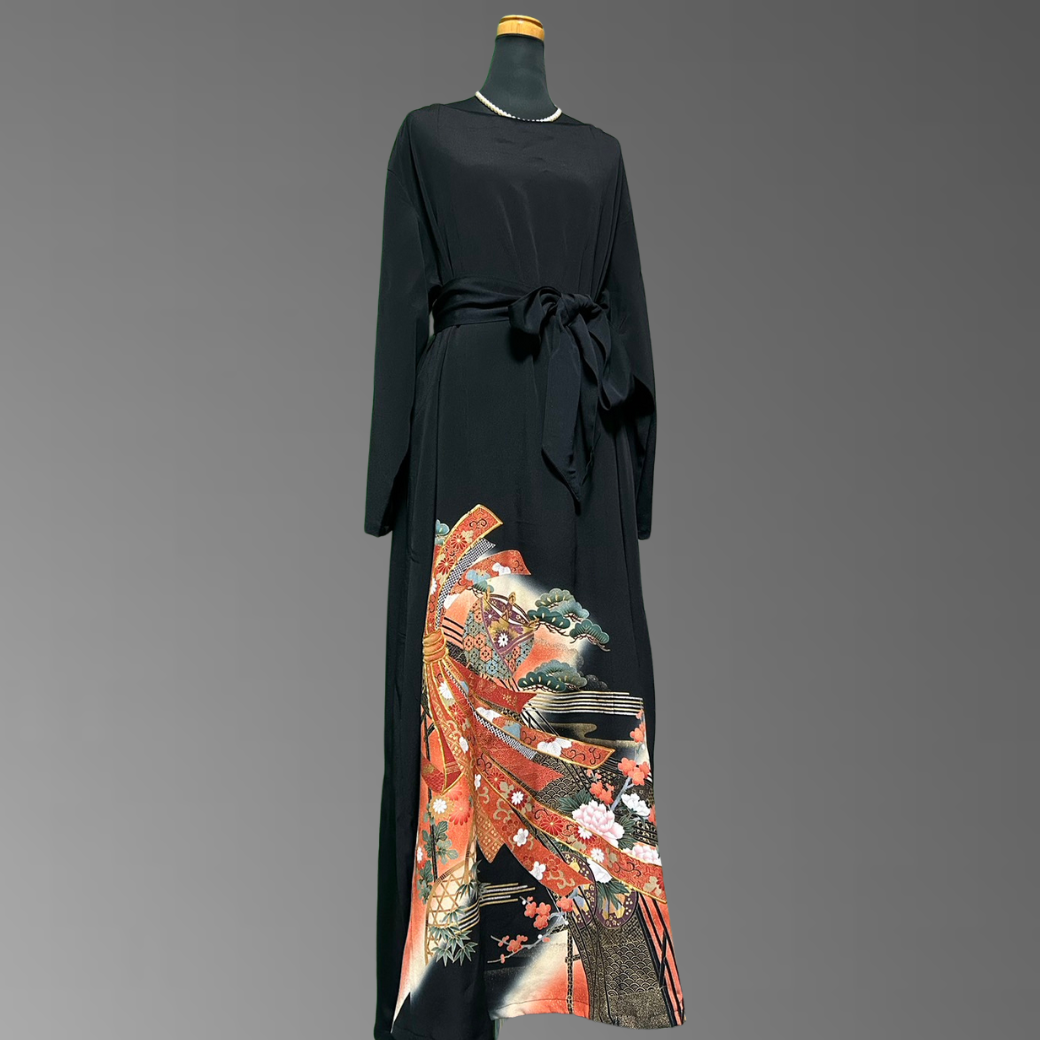 Black Ro Furisode Bridge Pattern with Gold Trimmed Nosh Kimono Dress