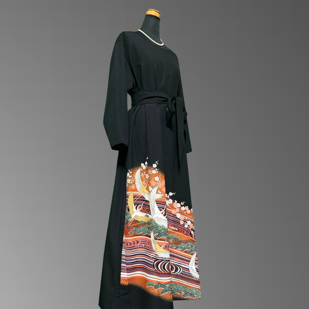 Black Ro Furisode Crane and Pine Plum Kimono Dress with Kabuki-Inspired Colors