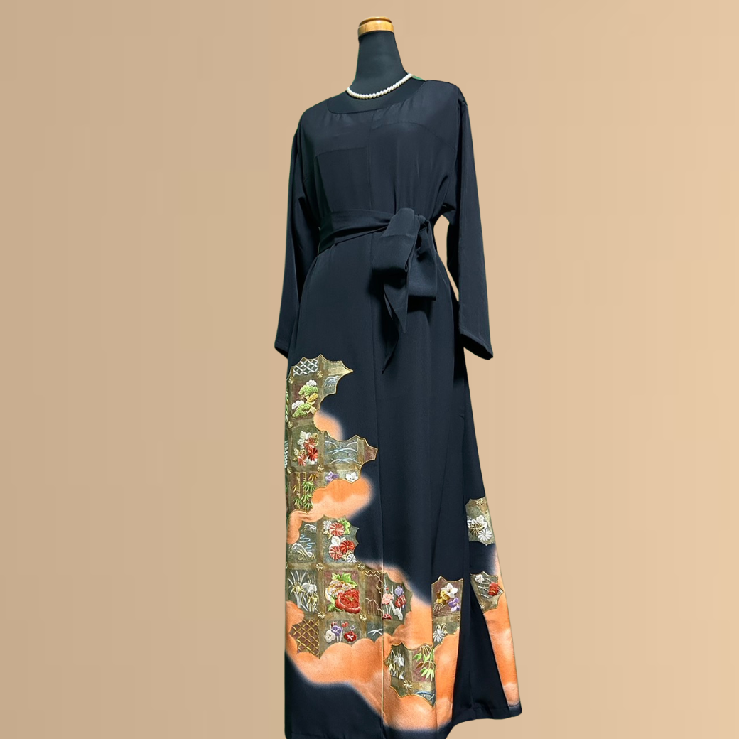 Black Ro Furisode Embroidered Seasonal Flower Pattern Kimono Dress