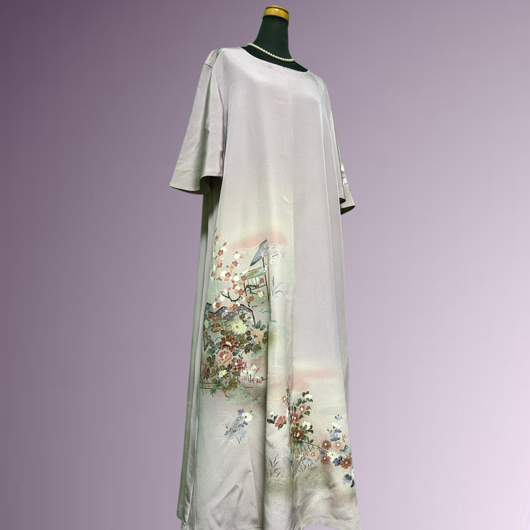 Iro-tomesode Kimono Dress with Gold Leaf, Floral Fence, and Flowing Water Pattern