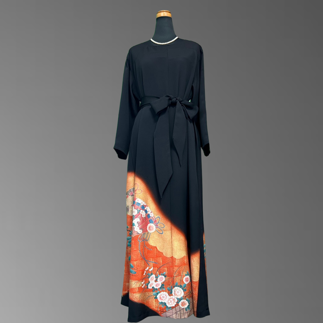 Kurotomesode Hioogi Pine and Chrysanthemum Pattern Kimono Dress