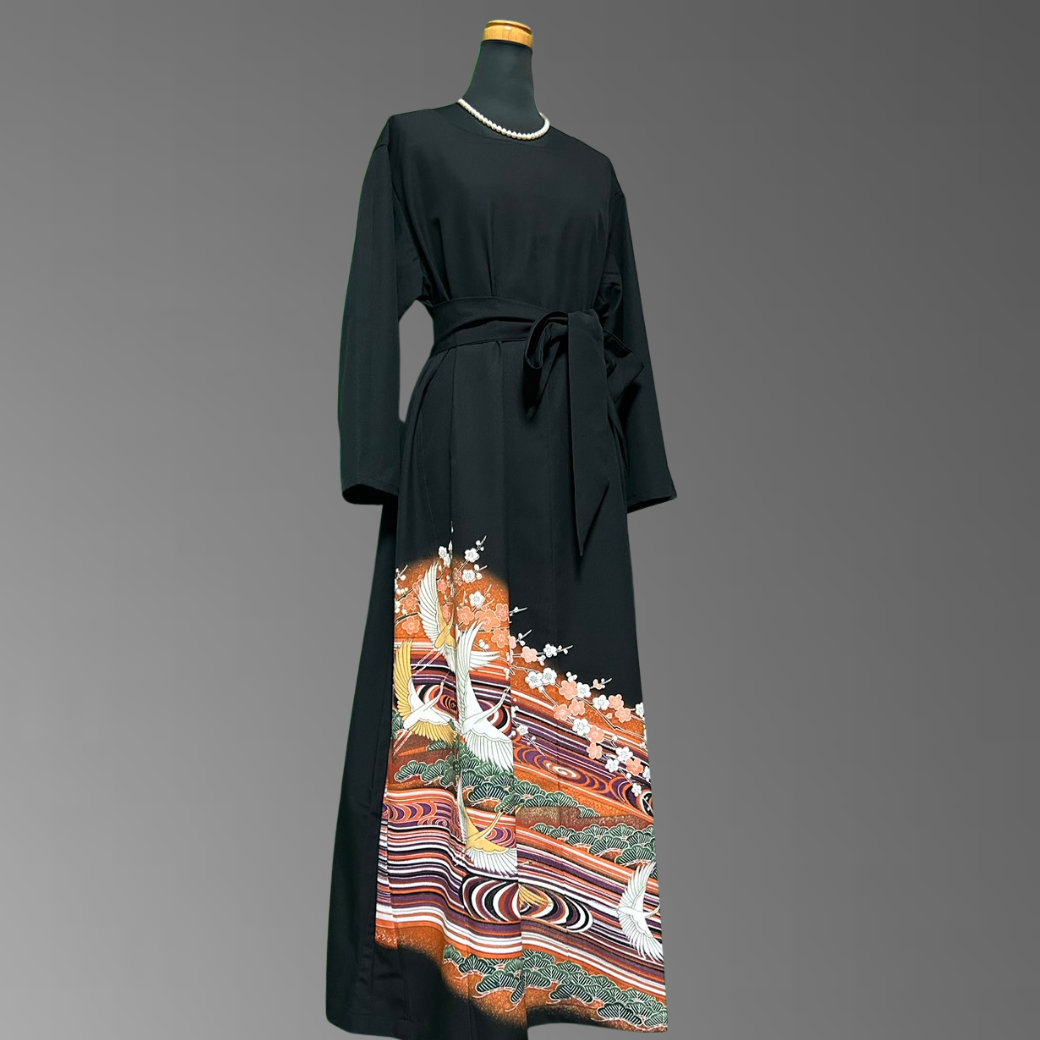 Black Ro Furisode Crane and Pine Plum Kimono Dress with Kabuki-Inspired Colors