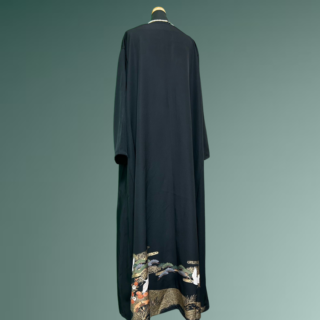 Black Ro Furisode Soaring Cranes and Pine, Bamboo, and Plum Kimono Dress