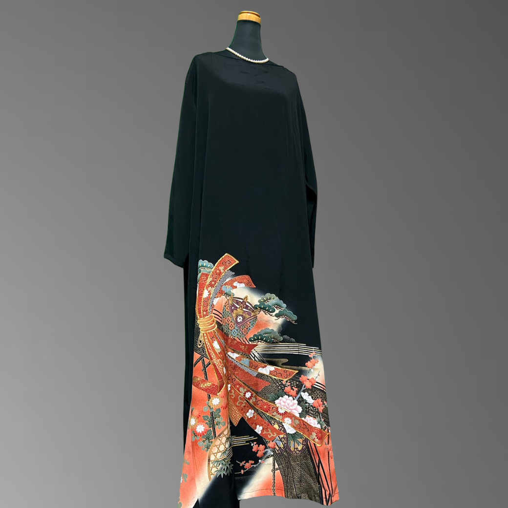 Black Ro Furisode Bridge Pattern with Gold Trimmed Nosh Kimono Dress