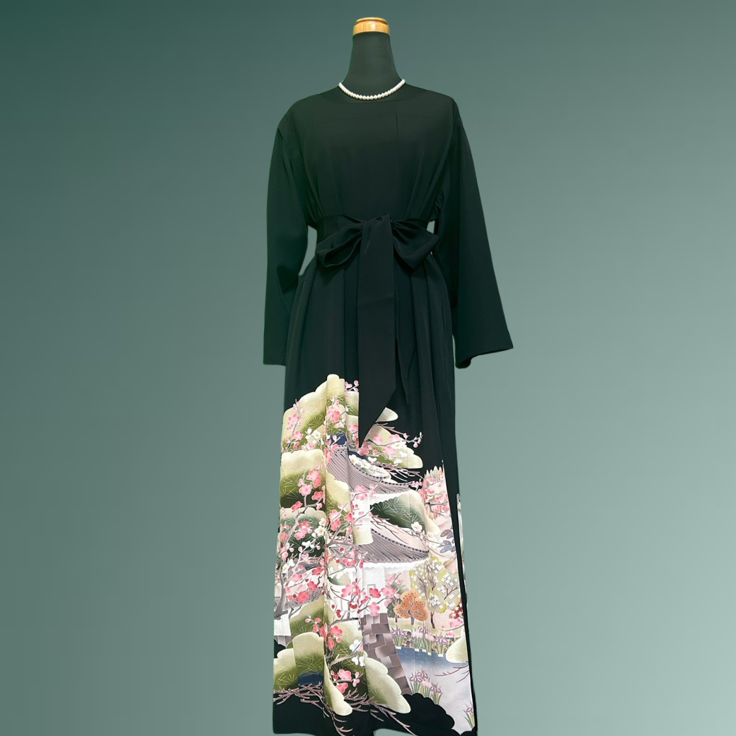 Black Ro Furisode Artisanal Plum and Nijo Castle Kimono Dress