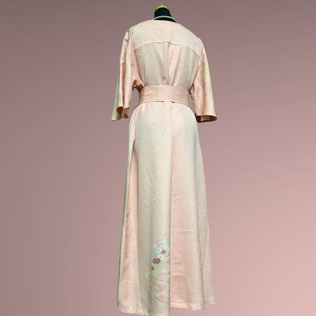 Tsukesage Kimono Dress with Dancing Fans and Flowing Water Pattern