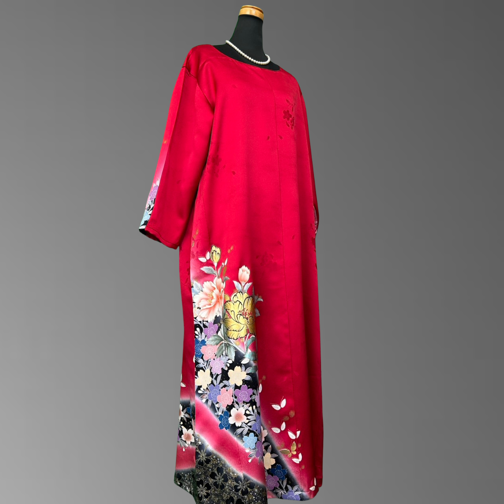 Furisode Kimono Dress – Peony & Cherry Blossoms