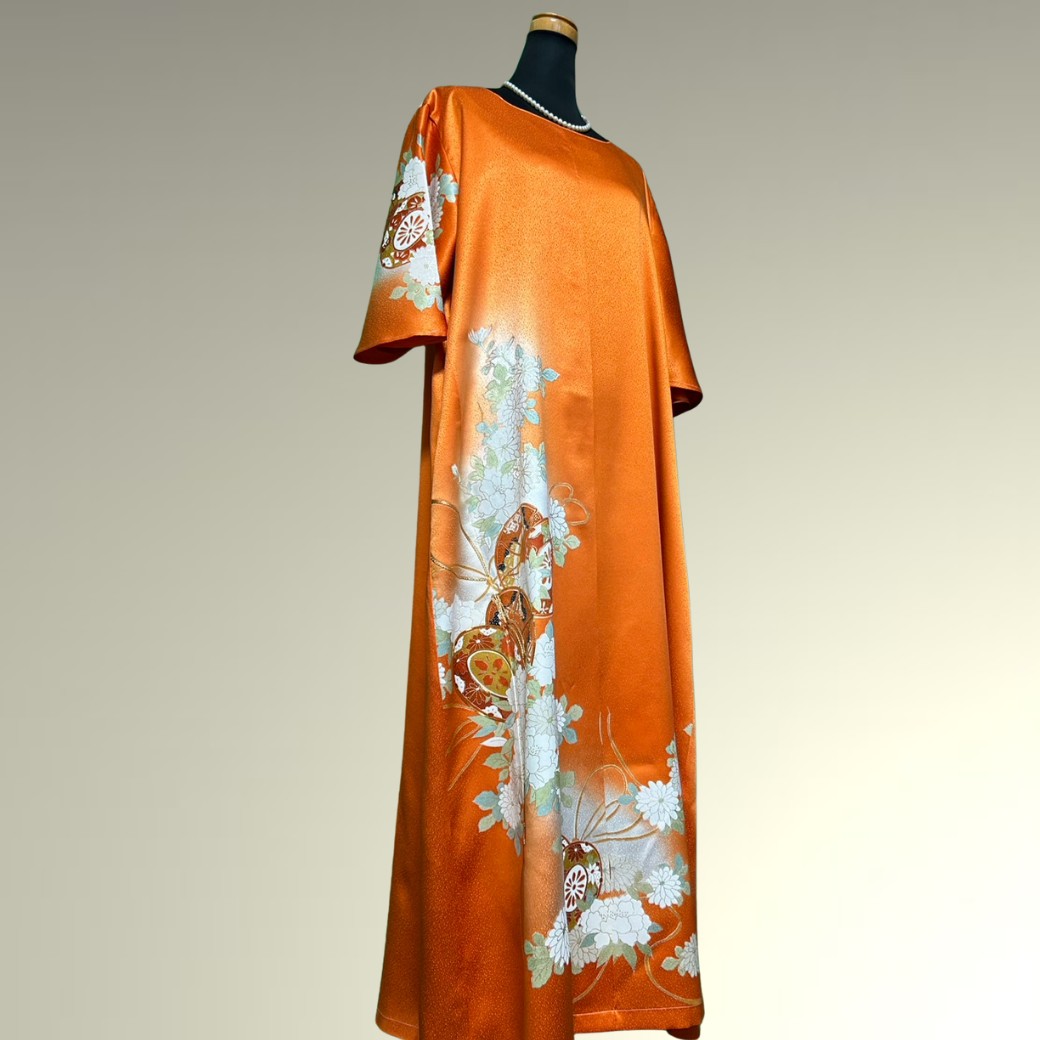 Furisode Kimono Dress with Embroidered Drum and Peony Motifs