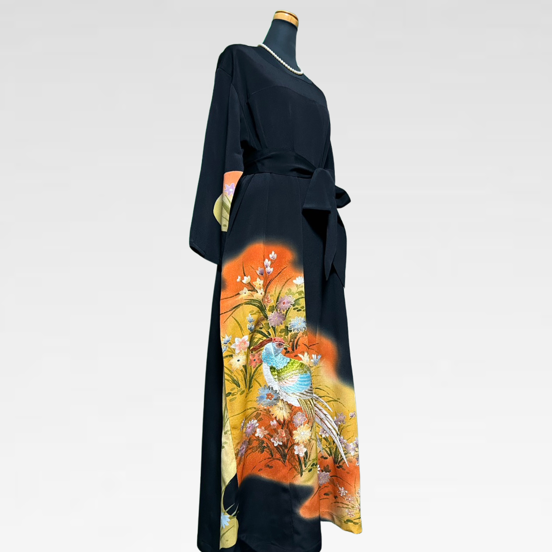 Black Ro Furisode Peacock Embroidery and Autumn Flowers Kimono Dress