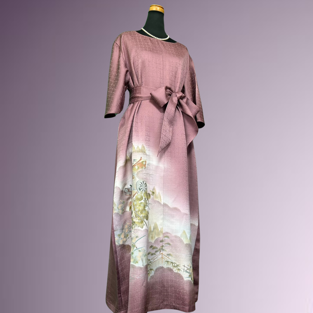 Tsukesage Kimono Dress with Gosho Carriage and Floral Fence Pattern