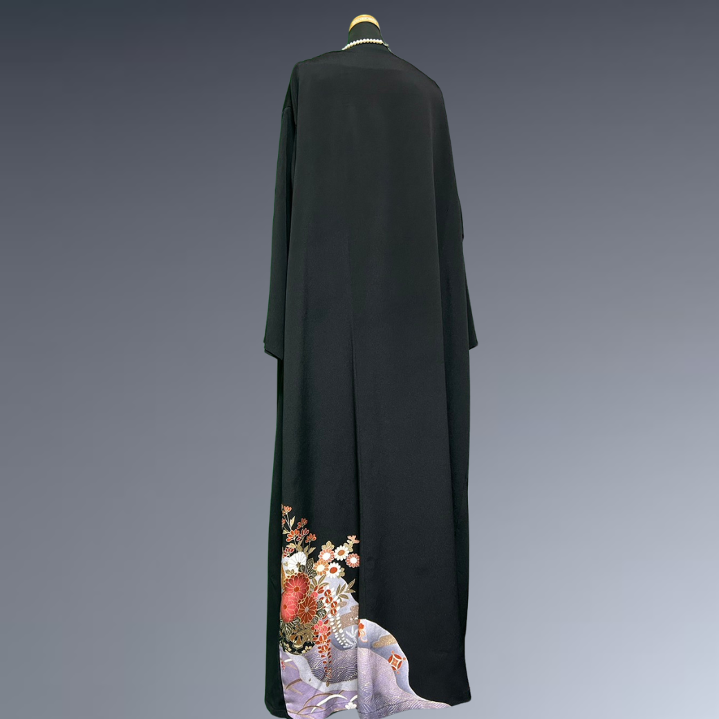 Black Ro Furisode Ripple Pattern and Flower Cart Kimono Dress