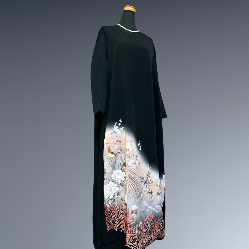 Black Ro Furisode Long-tailed Bird, Peony, and Plum Blossom Kimono Dress