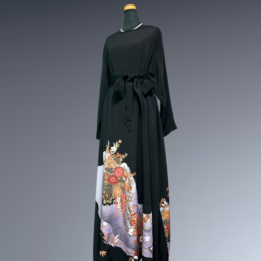 Black Ro Furisode Ripple Pattern and Flower Cart Kimono Dress