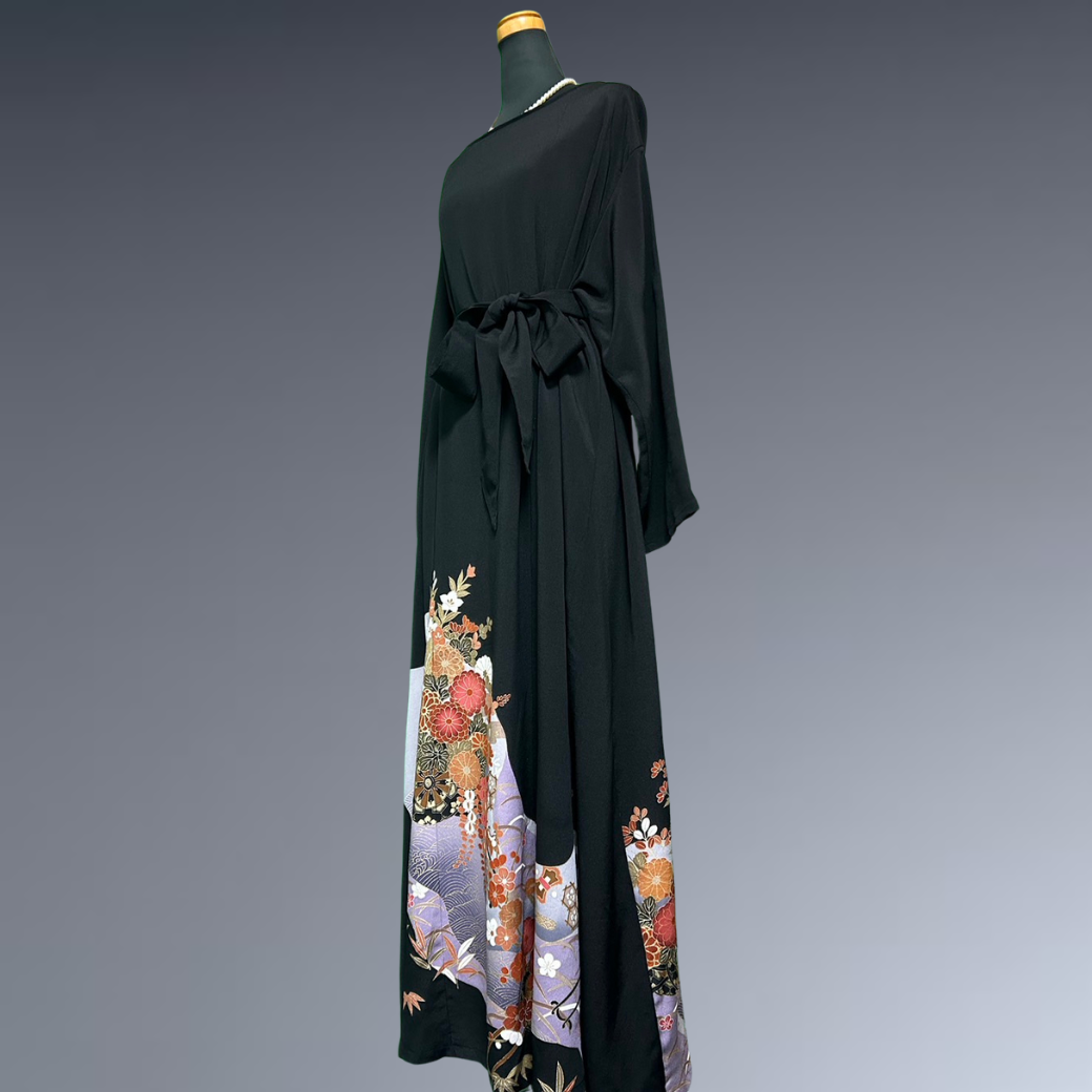 Black Ro Furisode Ripple Pattern and Flower Cart Kimono Dress