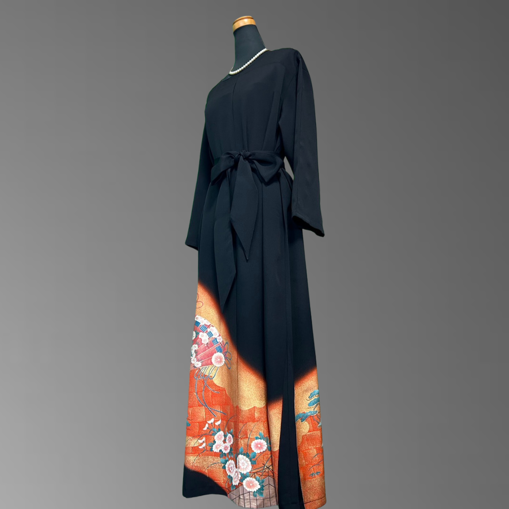 Kurotomesode Hioogi Pine and Chrysanthemum Pattern Kimono Dress