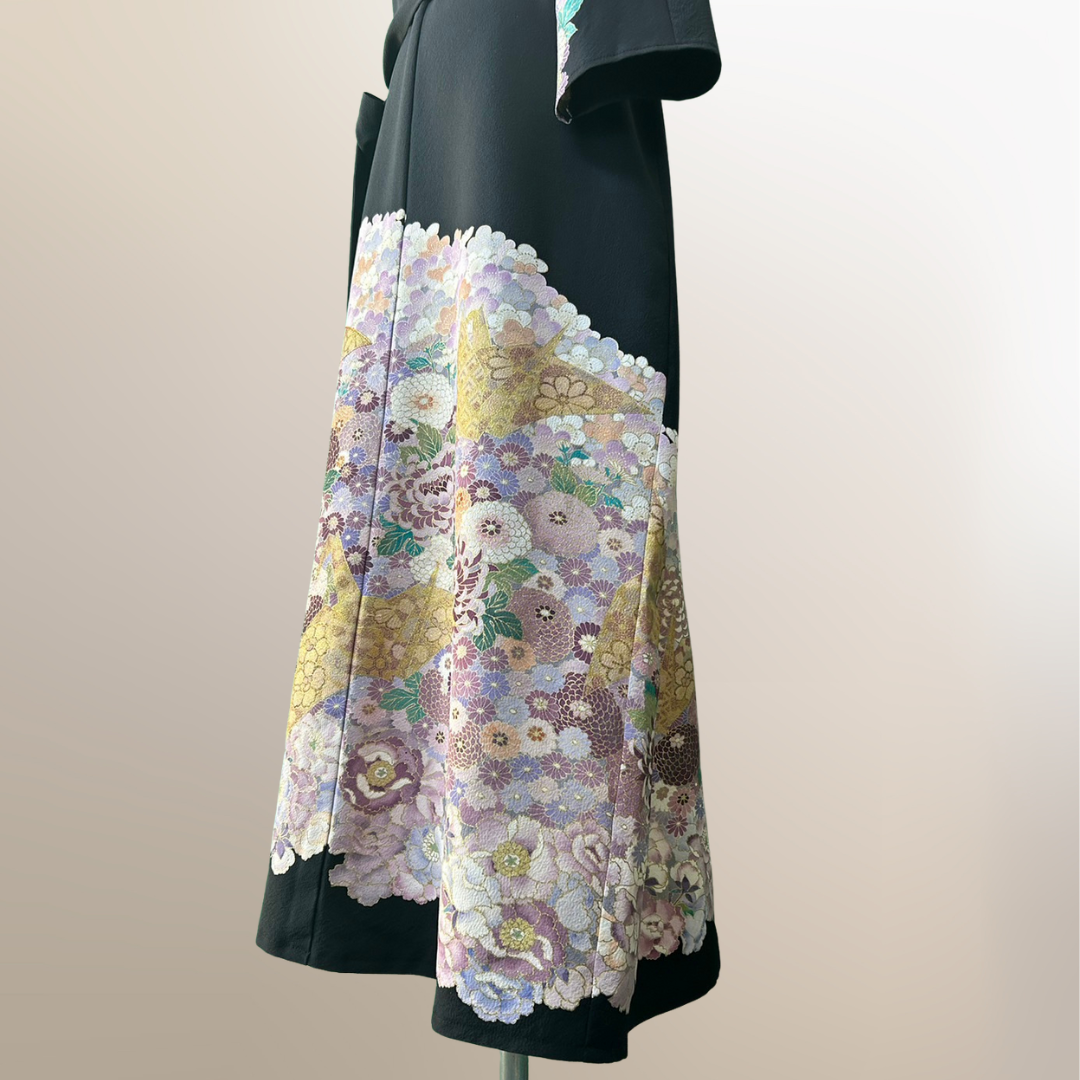 Kimono dress with origami crane and chrysanthemum pattern