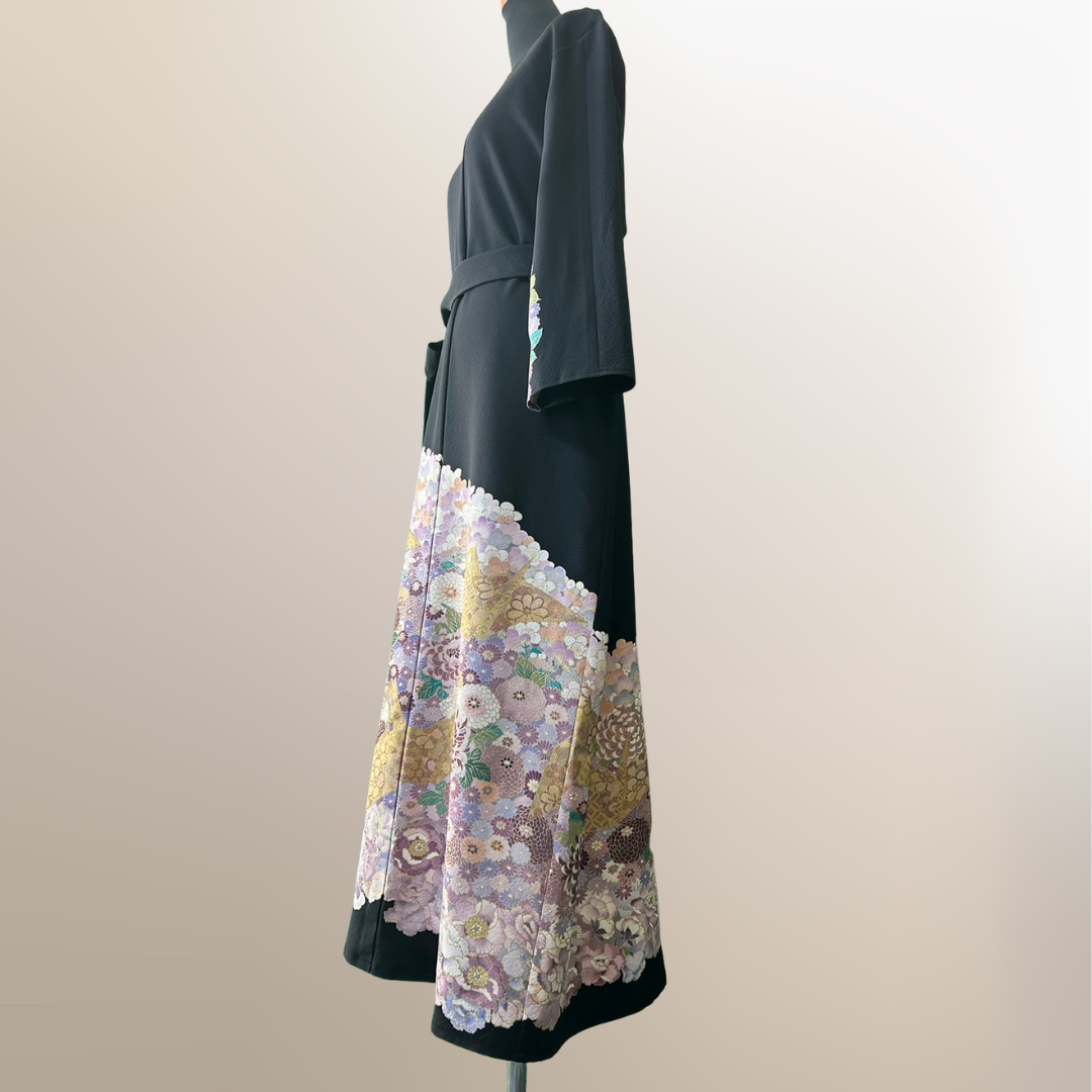 Kimono dress with origami crane and chrysanthemum pattern