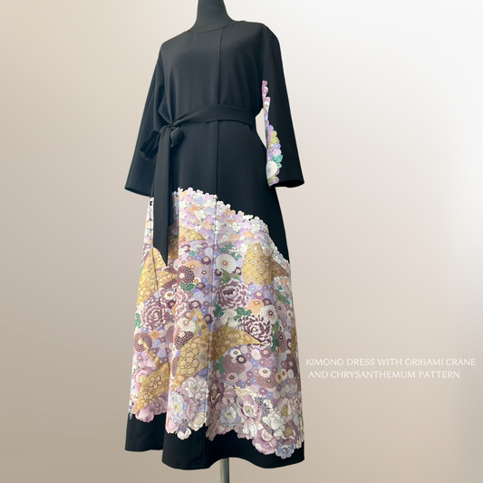 Kimono dress with origami crane and chrysanthemum pattern