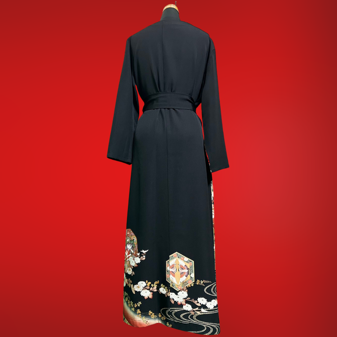 Kimono dress with flowers and cranes