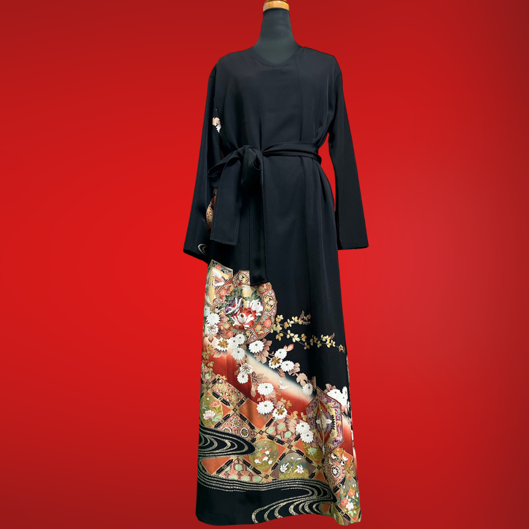 Kimono dress with flowers and cranes