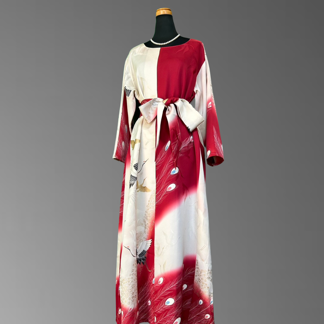 Furisode Crane and Peacock Feather Pattern Kimono Dress