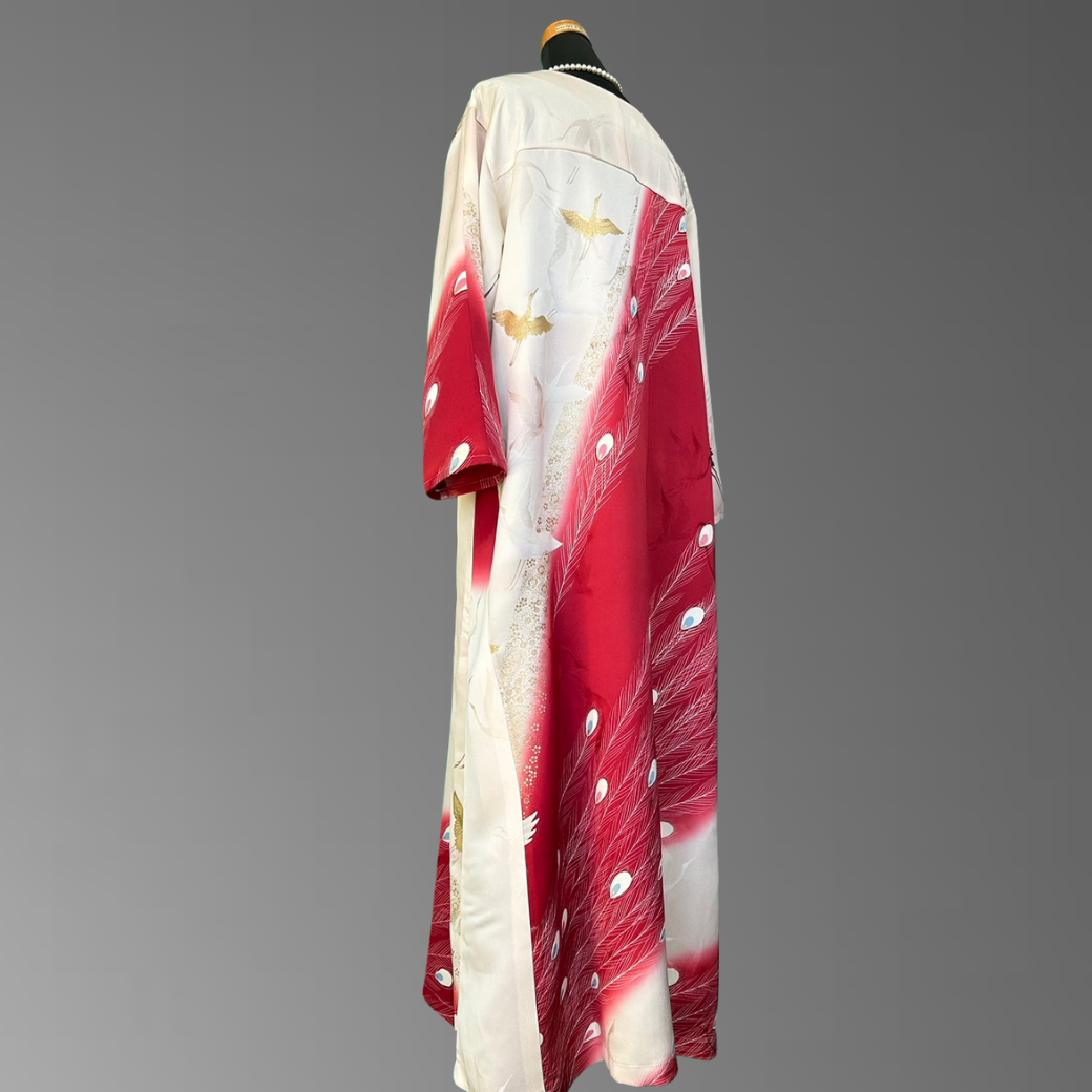 Furisode Crane and Peacock Feather Pattern Kimono Dress