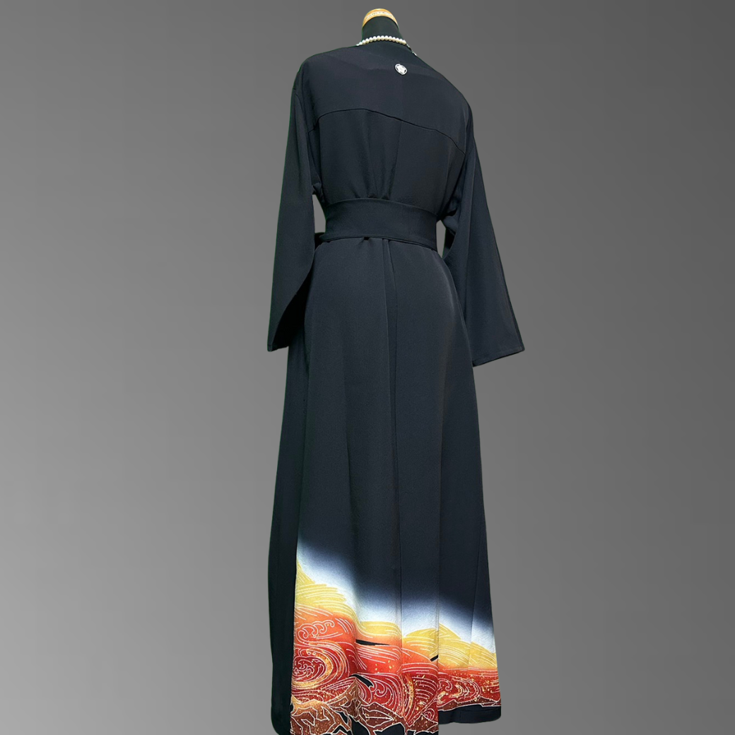 Black Ro Furisode Artisanal Crane and Ripple Pattern Kimono Dress