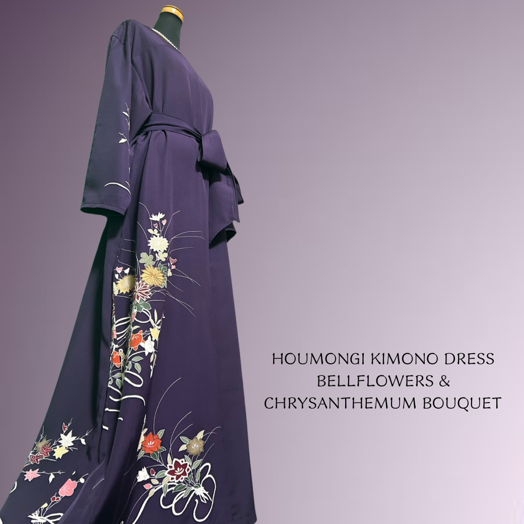 Houmongi Kimono Dress – Bellflowers & Chrysanthemum Bouquet
