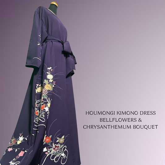Houmongi Kimono Dress – Bellflowers & Chrysanthemum Bouquet